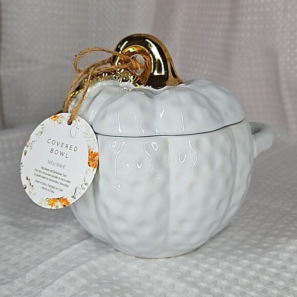 14 oz White & Gold Covered Pumpkin Bow with Handles -  NIB - Picture 2 of 9